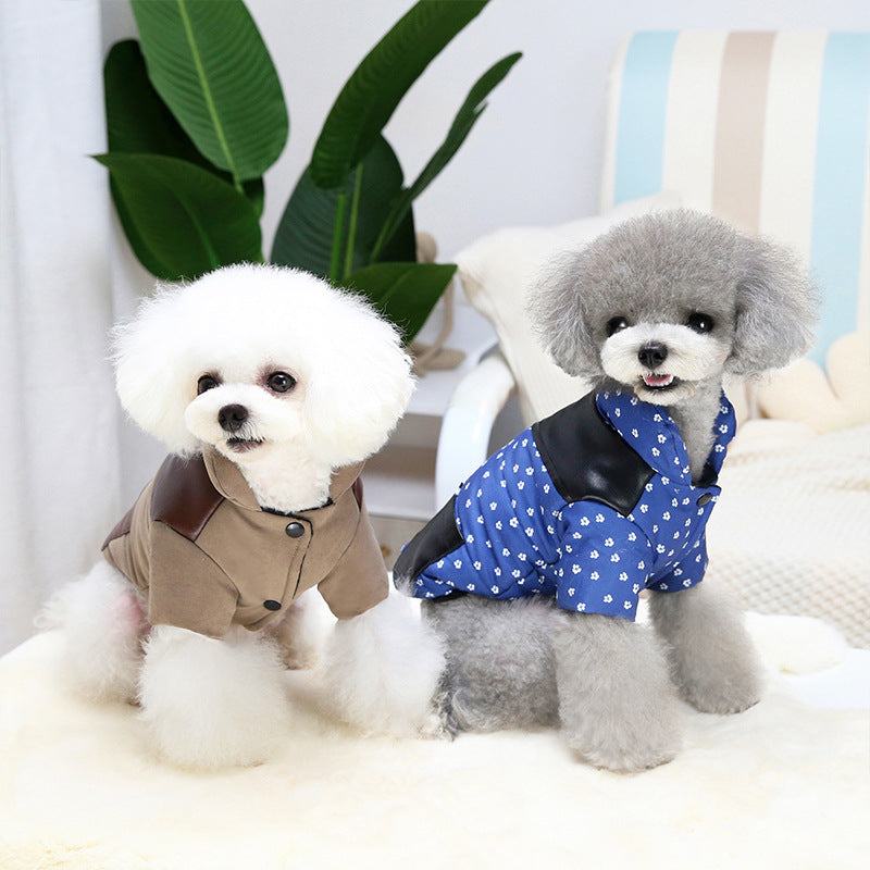 KFX-3933757 Casual Dog Jumpsuit with Leather Stitching and Plush Lining in Khaki and Blue
