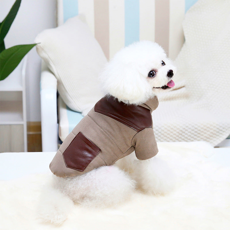KFX-3933757 Casual Dog Jumpsuit with Leather Stitching and Plush Lining in Khaki and Blue