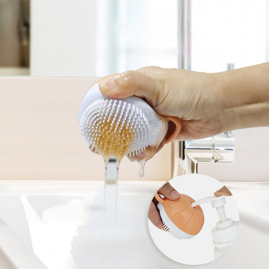 KFX-3935037 Silicone Dog Bath Brush with Shampoo Dispenser and Massage Bristles for Effective Pet Grooming