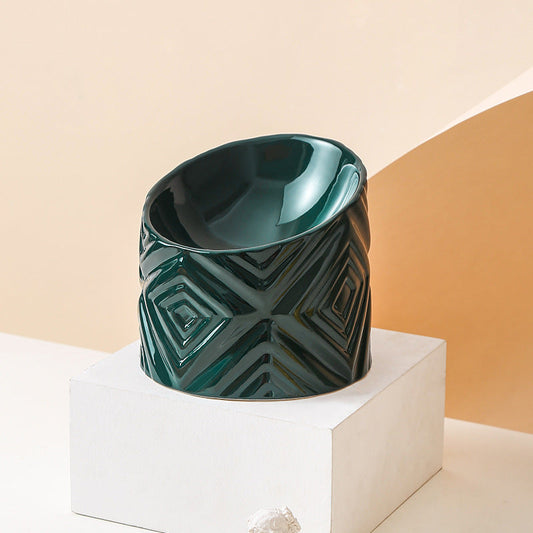 KFX-3939133 Oblique Neck Ceramic Cat Bowl – 200ml, Dark Green & Yellow