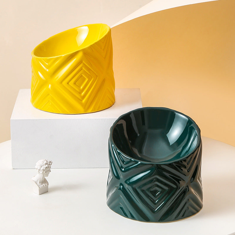KFX-3939133 Oblique Neck Ceramic Cat Bowl – 200ml, Dark Green & Yellow