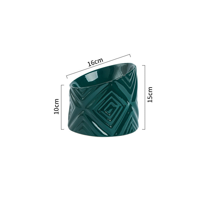 KFX-3939133 Oblique Neck Ceramic Cat Bowl – 200ml, Dark Green & Yellow