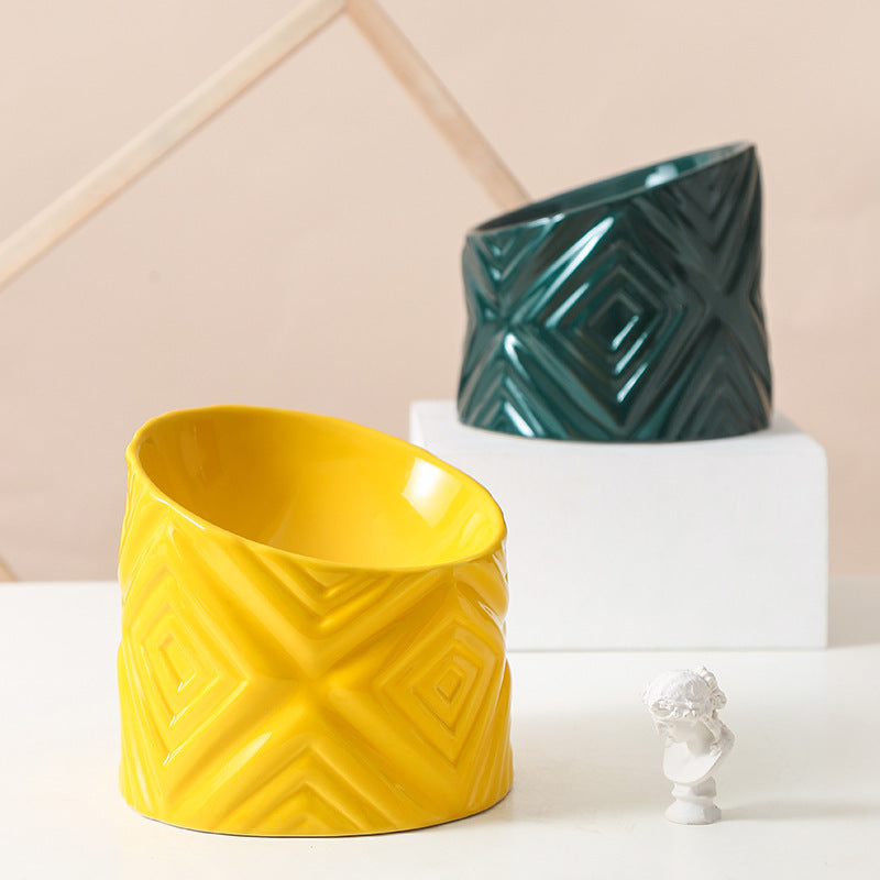 KFX-3939133 Oblique Neck Ceramic Cat Bowl – 200ml, Dark Green & Yellow