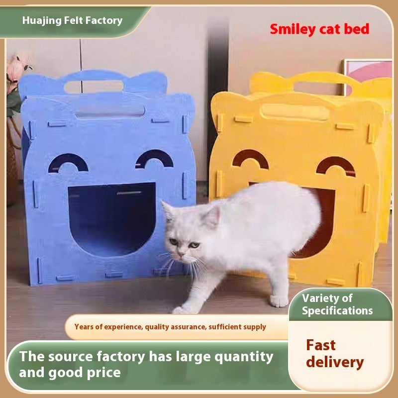 KFX-3942973 Semi-Closed Detachable Felt Cat Bed - Universal Four Seasons Design in Ginger Yellow and Royal Blue