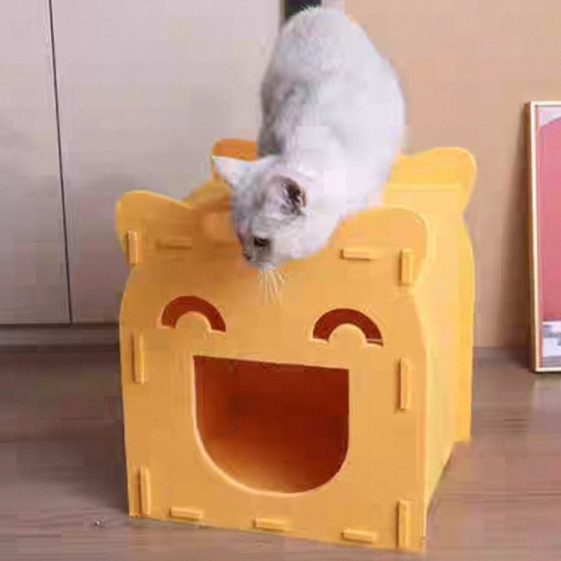 KFX-3942973 Semi-Closed Detachable Felt Cat Bed - Universal Four Seasons Design in Ginger Yellow and Royal Blue