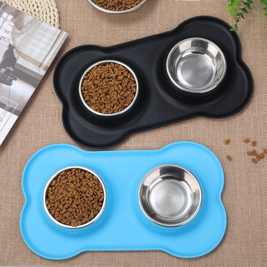 KFX-3943101 Silicone Non-Slip Pet Bowl with Stainless Steel Insert - Available in Black and Blue Sizes S, M, L