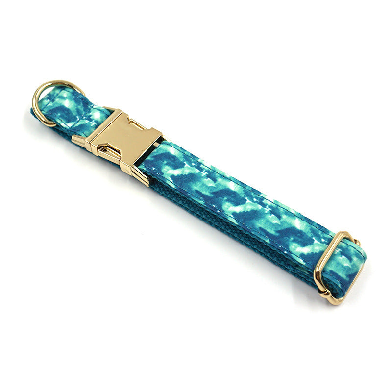 KFX-3948477 Agate Green Striped Dog Collar and Leash Set with Gold Buckle