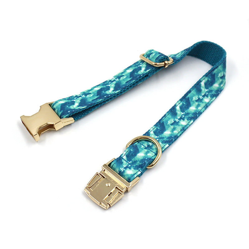 KFX-3948477 Agate Green Striped Dog Collar and Leash Set with Gold Buckle