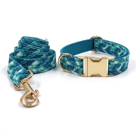 KFX-3948477 Agate Green Striped Dog Collar and Leash Set with Gold Buckle