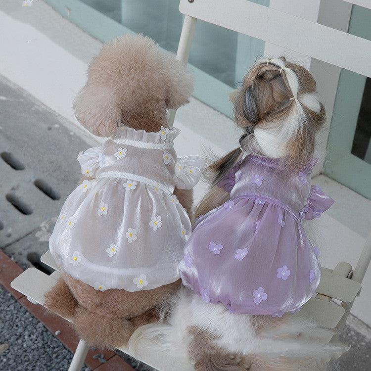 KFX-3949245 Three-Dimensional Flower Gauze Skirt for Dogs in White and Purple - Sizes 3XS to 3XL