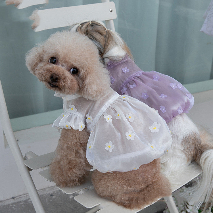 KFX-3949245 Three-Dimensional Flower Gauze Skirt for Dogs in White and Purple - Sizes 3XS to 3XL