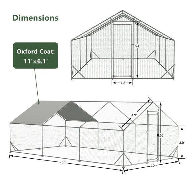 KFX-3952317 Large Walk-In Chicken Coop with Waterproof Cover – Galvanized Wire Hen Pen for Poultry, Rabbits, and Ducks (10' L x 20' W x 6.56' H)
