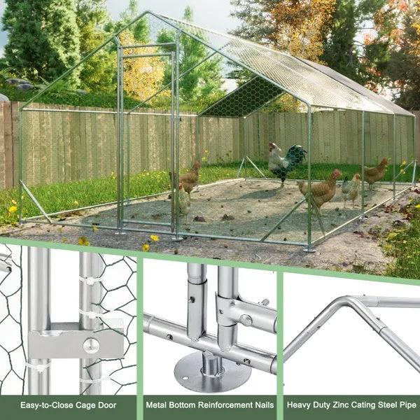 KFX-3952317 Large Walk-In Chicken Coop with Waterproof Cover – Galvanized Wire Hen Pen for Poultry, Rabbits, and Ducks (10' L x 20' W x 6.56' H)