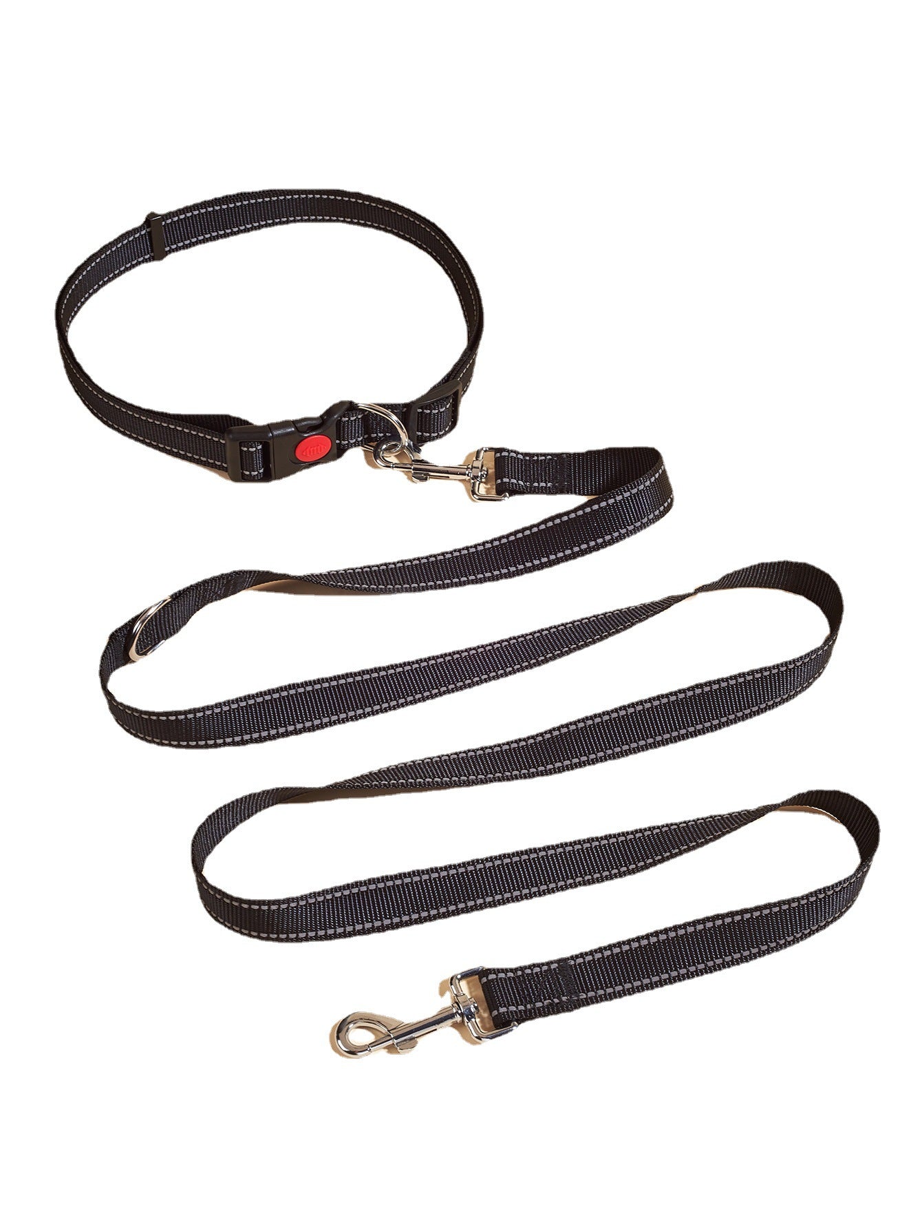 KFX-3954237 Hands-Free Pet Shoulder Traction Lead - Adjustable Nylon Harness, Black, 2.5cm Width, 180cm Length, Fits Waist 75-115cm