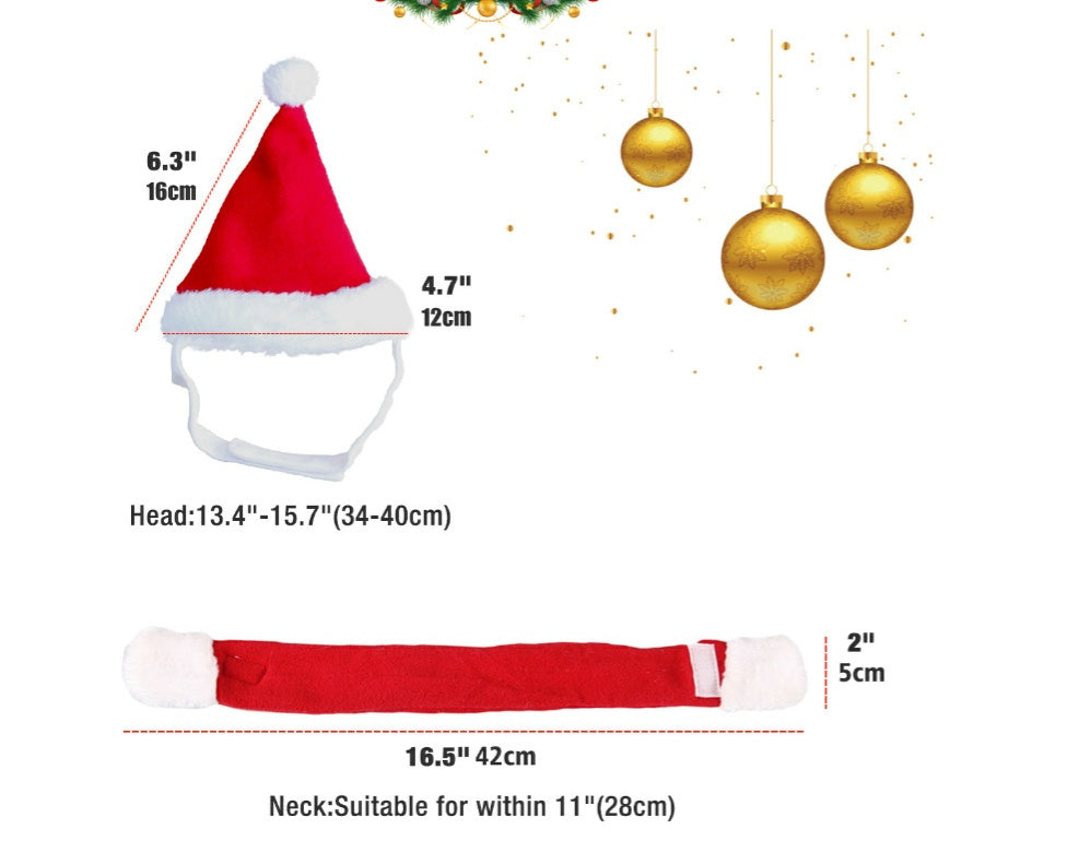 KFX-3955005 Red Short Plush Christmas Hat and Scarf Set for Small Pets
