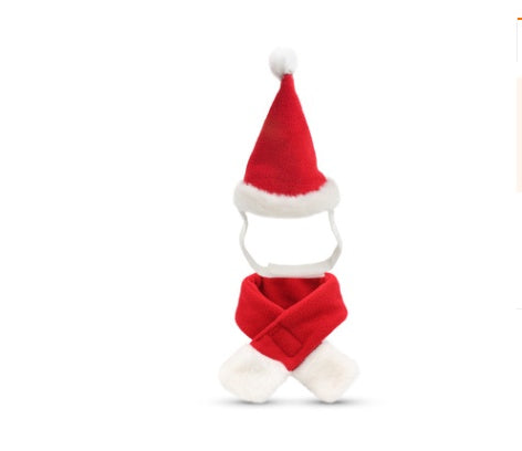 KFX-3955005 Red Short Plush Christmas Hat and Scarf Set for Small Pets