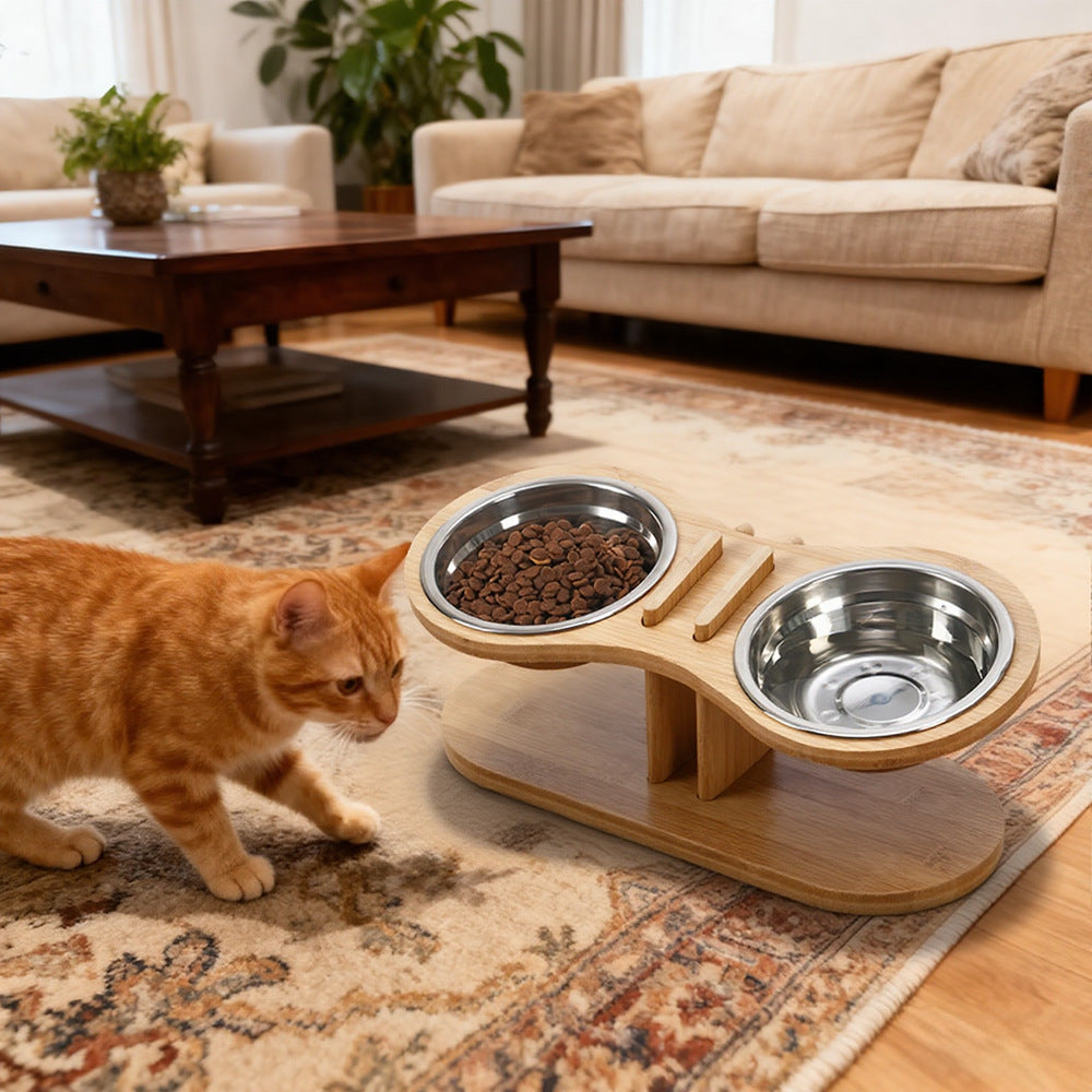 KFX-3958205 Adjustable Bamboo Pet Feeding Stand with Tilted Bowl