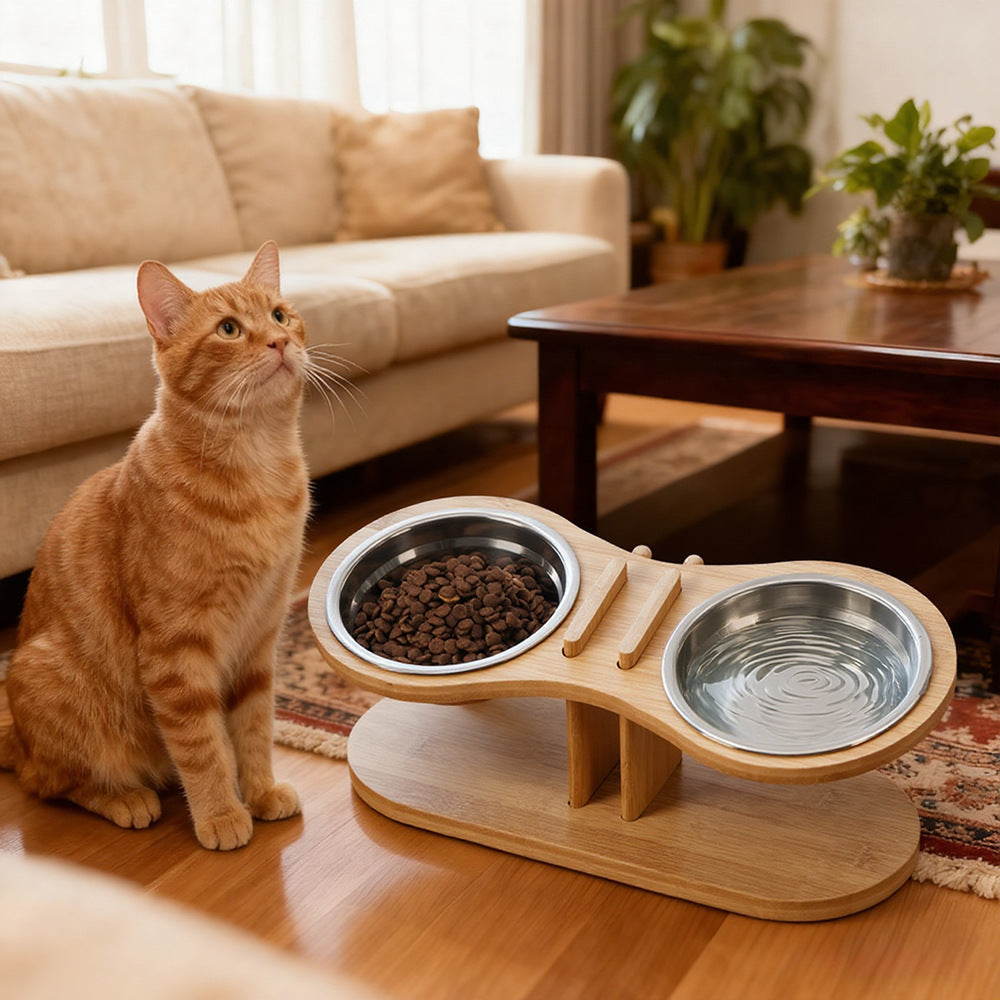 KFX-3958205 Adjustable Bamboo Pet Feeding Stand with Tilted Bowl