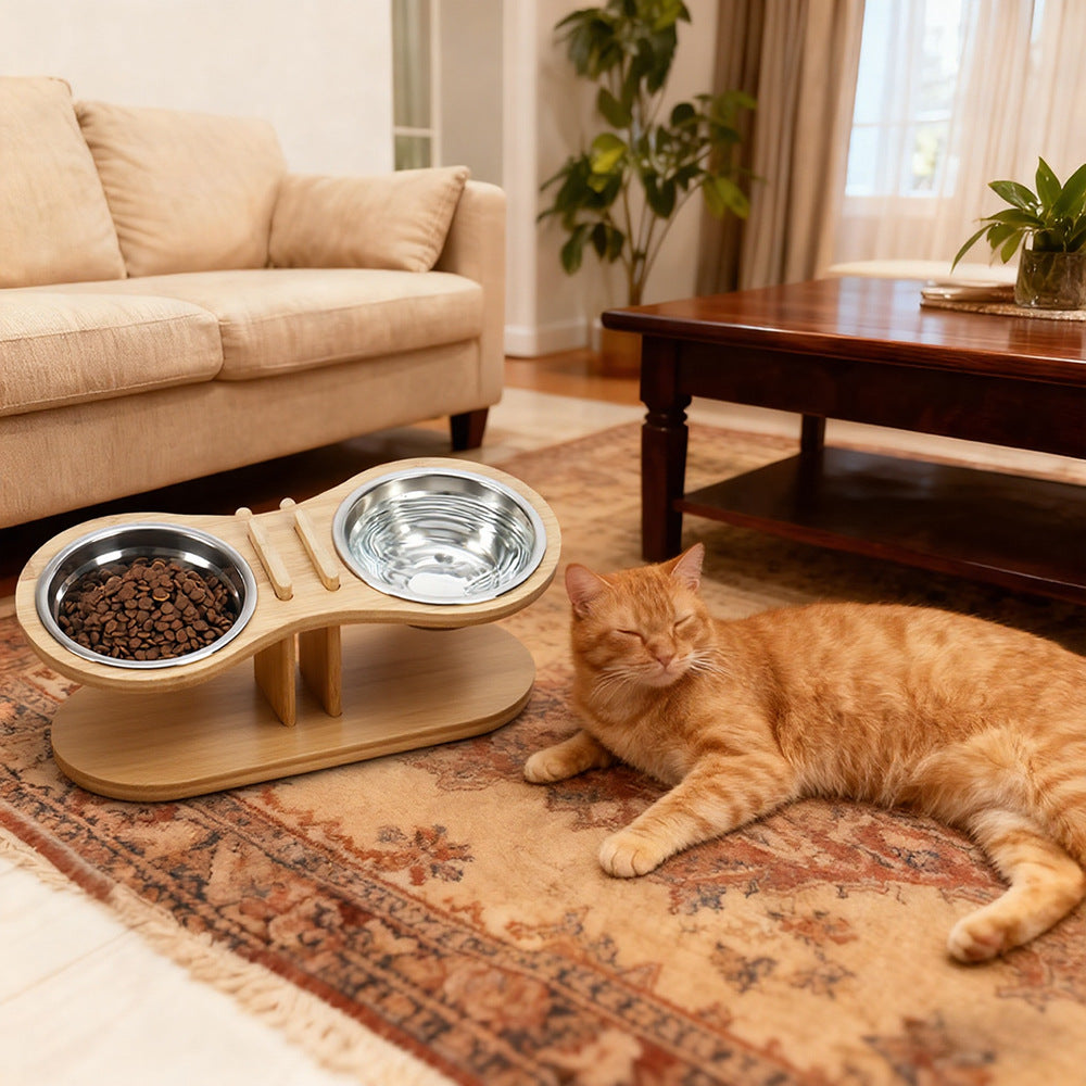 KFX-3958205 Adjustable Bamboo Pet Feeding Stand with Tilted Bowl