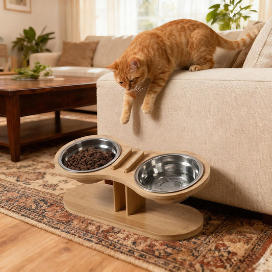 KFX-3958205 Adjustable Bamboo Pet Feeding Stand with Tilted Bowl