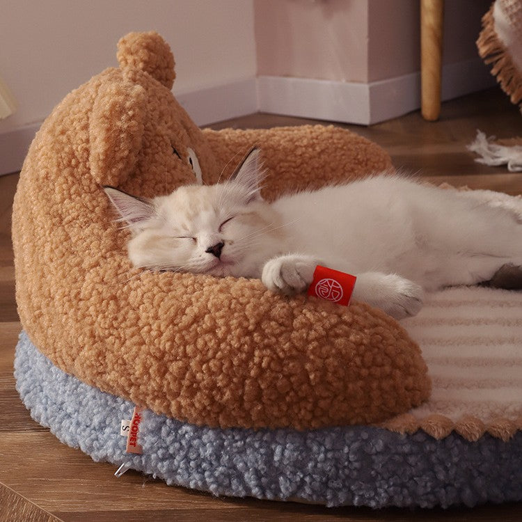 KFX-3958461 Cozy Bear-Shaped Cat Nest Pet Bed for All Seasons, High Back Design