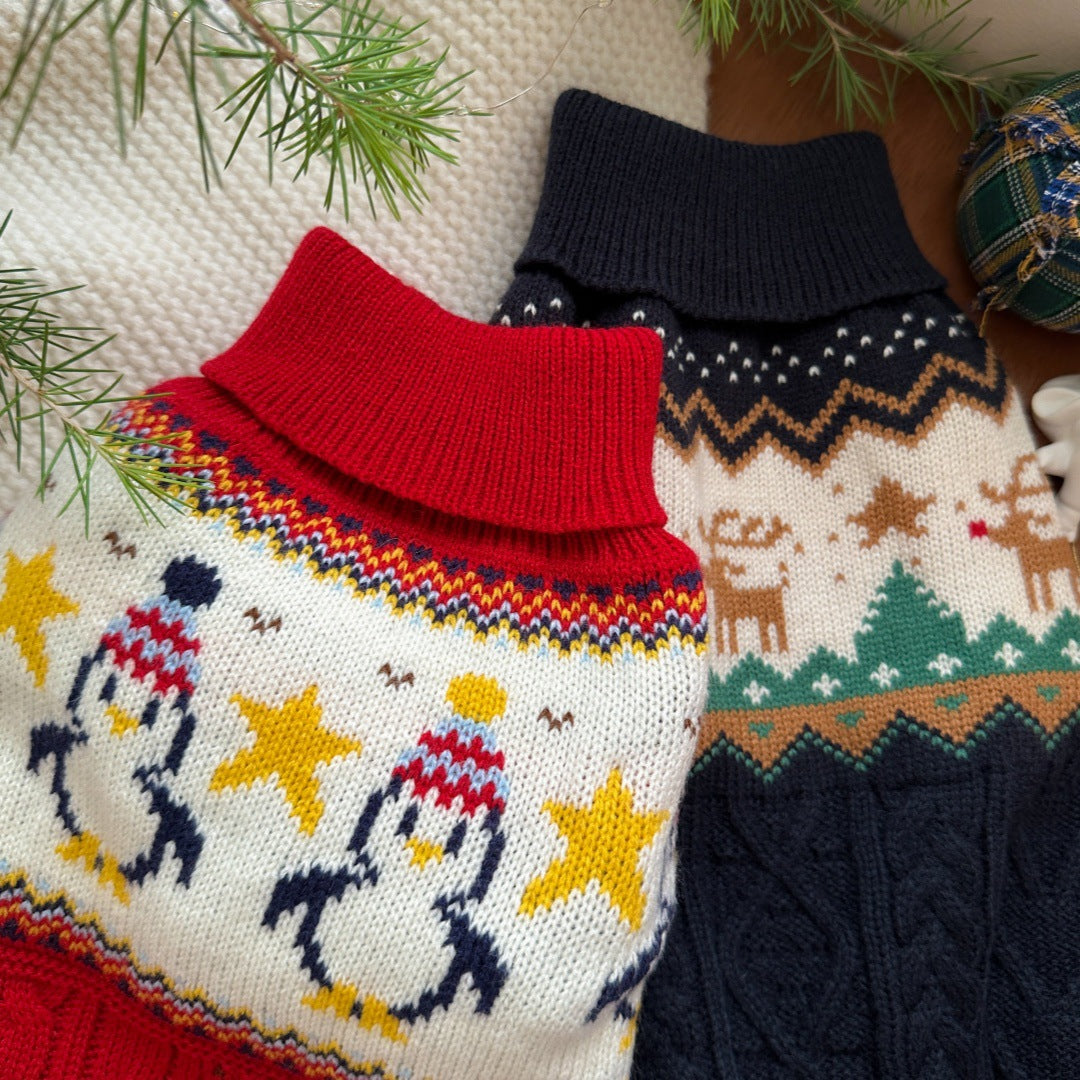 KFX-3959997 Festive Red Penguin & Navy Elk Dog and Cat Sweaters - Casual Polyester Pet Clothing in Sizes XS to XXL