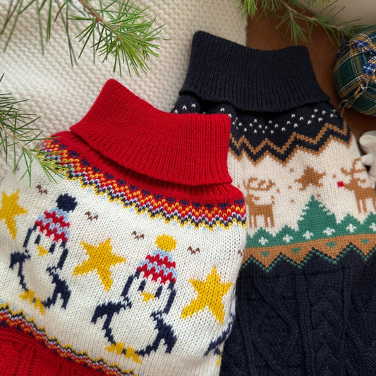 KFX-3959997 Festive Red Penguin & Navy Elk Dog and Cat Sweaters - Casual Polyester Pet Clothing in Sizes XS to XXL