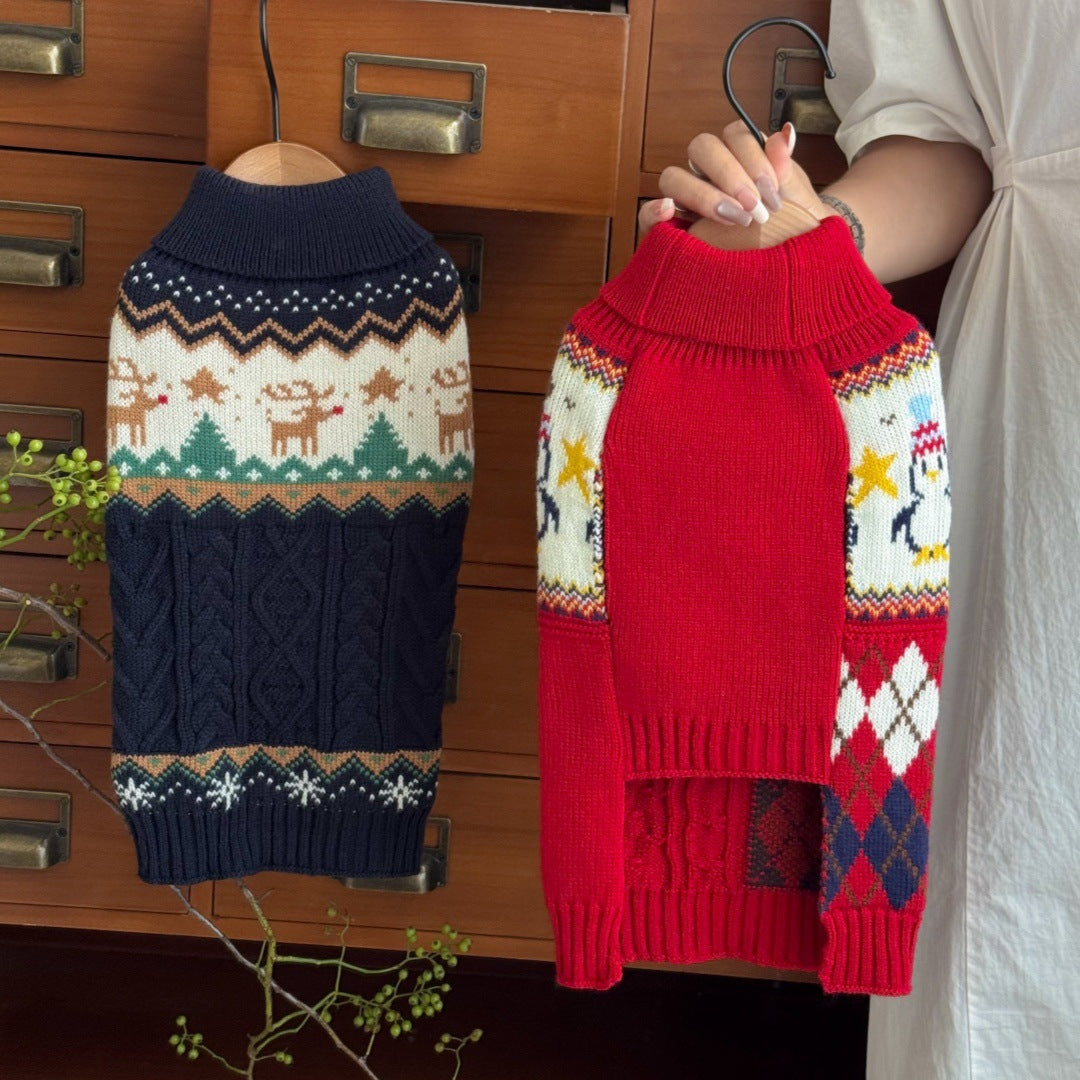 KFX-3959997 Festive Red Penguin & Navy Elk Dog and Cat Sweaters - Casual Polyester Pet Clothing in Sizes XS to XXL