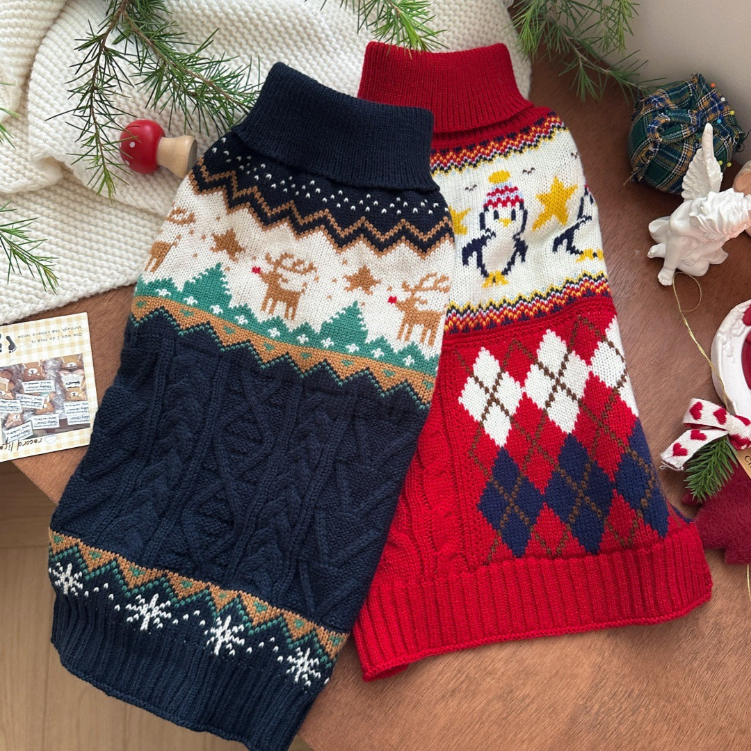 KFX-3959997 Festive Red Penguin & Navy Elk Dog and Cat Sweaters - Casual Polyester Pet Clothing in Sizes XS to XXL