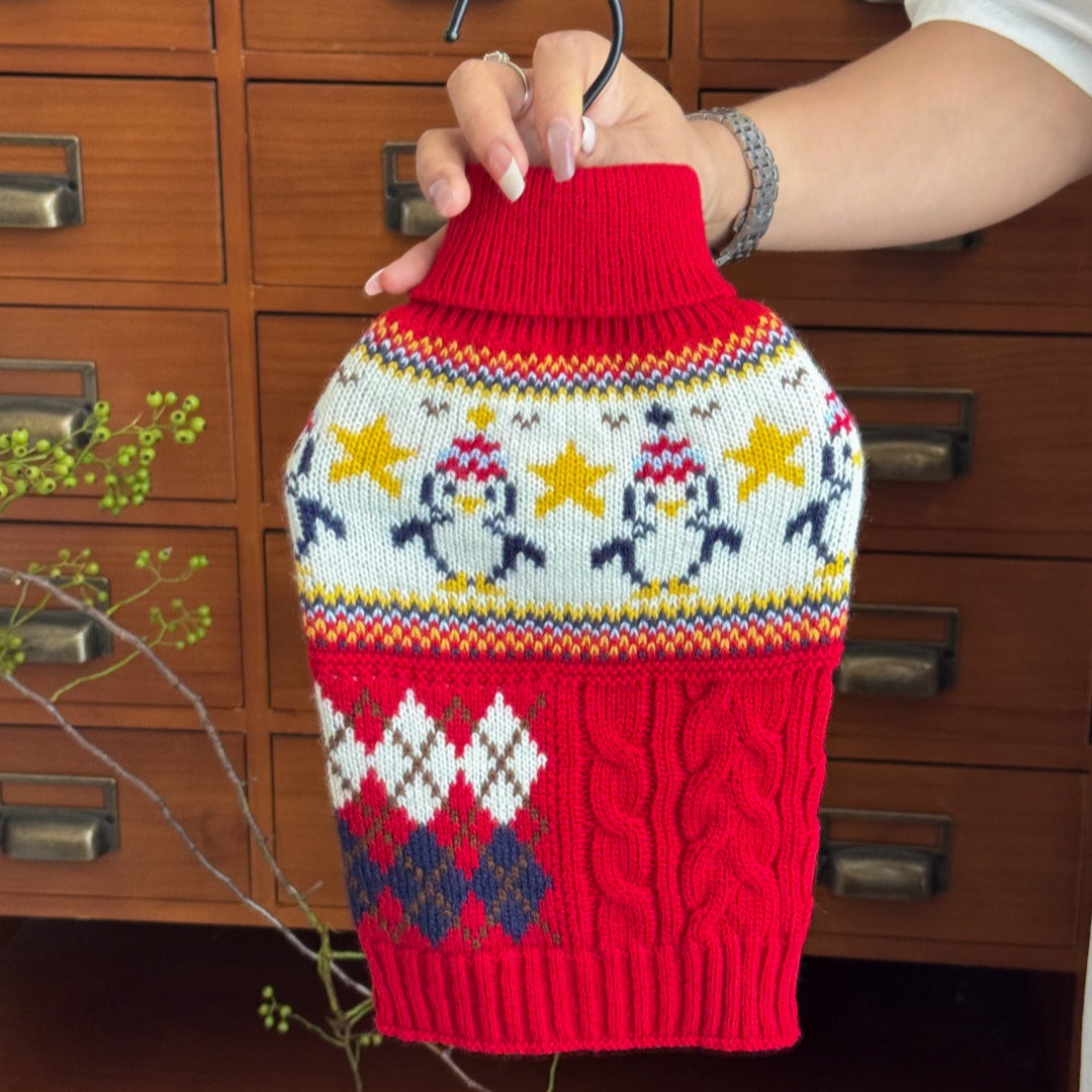 KFX-3959997 Festive Red Penguin & Navy Elk Dog and Cat Sweaters - Casual Polyester Pet Clothing in Sizes XS to XXL