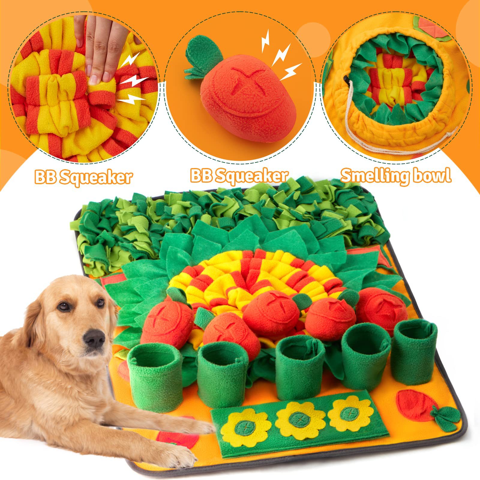 KFX-3961021 Dog Training Smell Mat - Foraging Blanket for Interactive Feeding, 70x50cm, Polar Fleece, Orange Green
