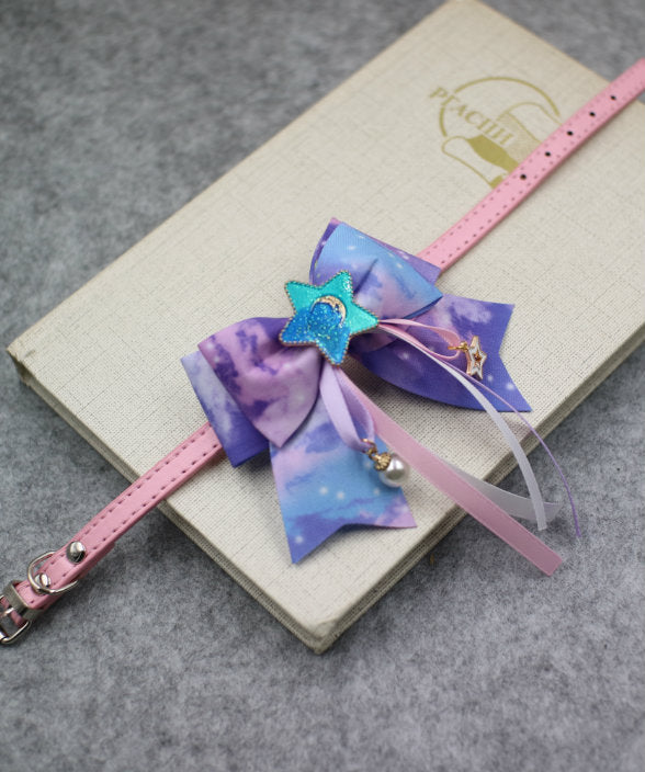 KFX-3962173 Colorful Starry Sky Bowknot Pet Collar with Lace for Cats and Dogs in Various Sizes