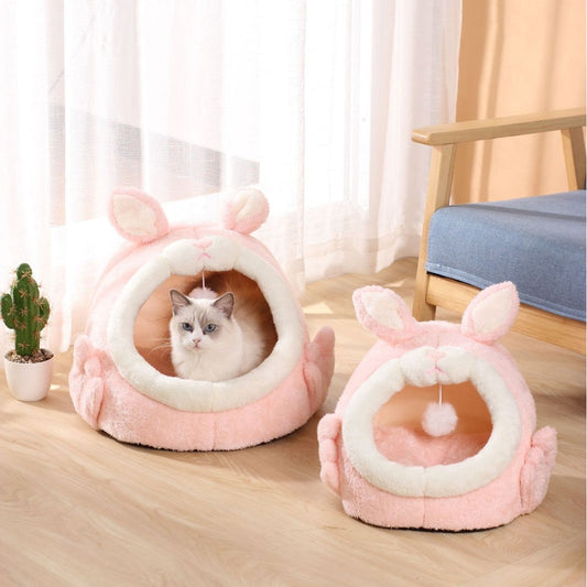 KFX-3963453 Cozy Semi-Closed Pink Screaming Rabbit Cat House for Autumn and Winter - Various Sizes Available