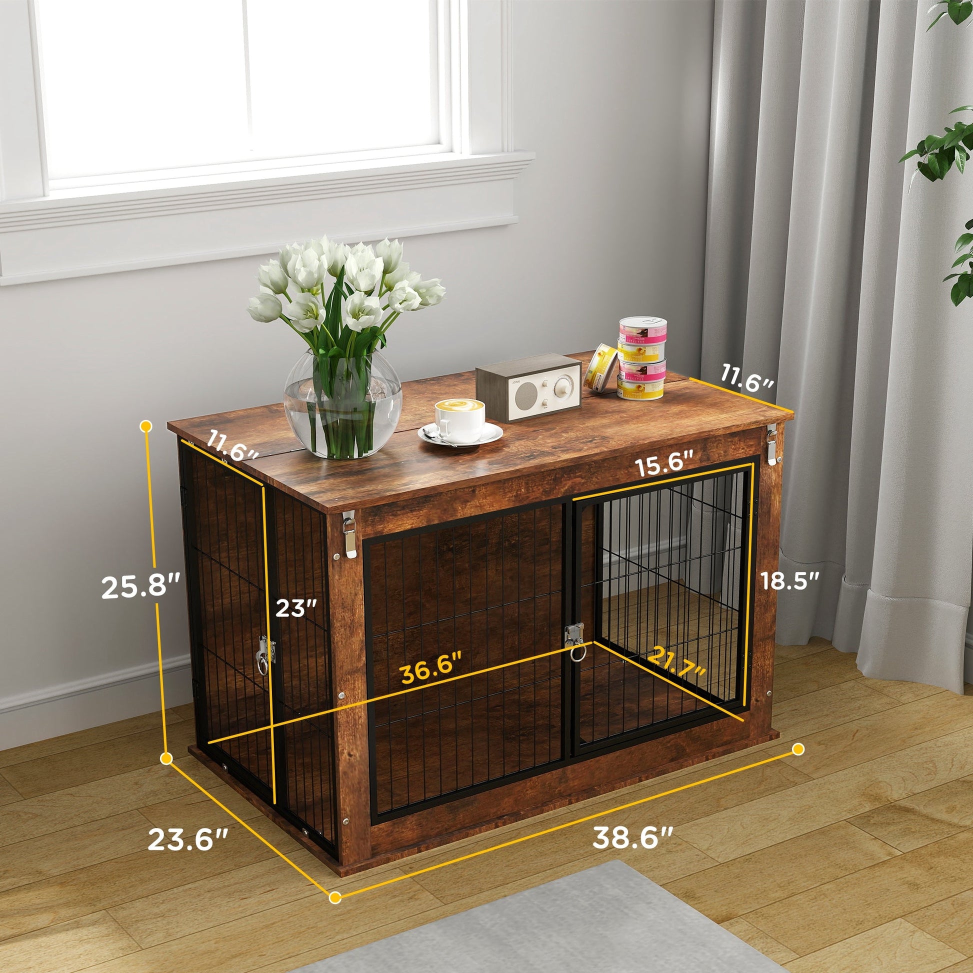 KFX-3963837 Rustic Brown 39" Dog Crate Furniture with Flip-top, Dual Doors, Ideal for Large Dogs