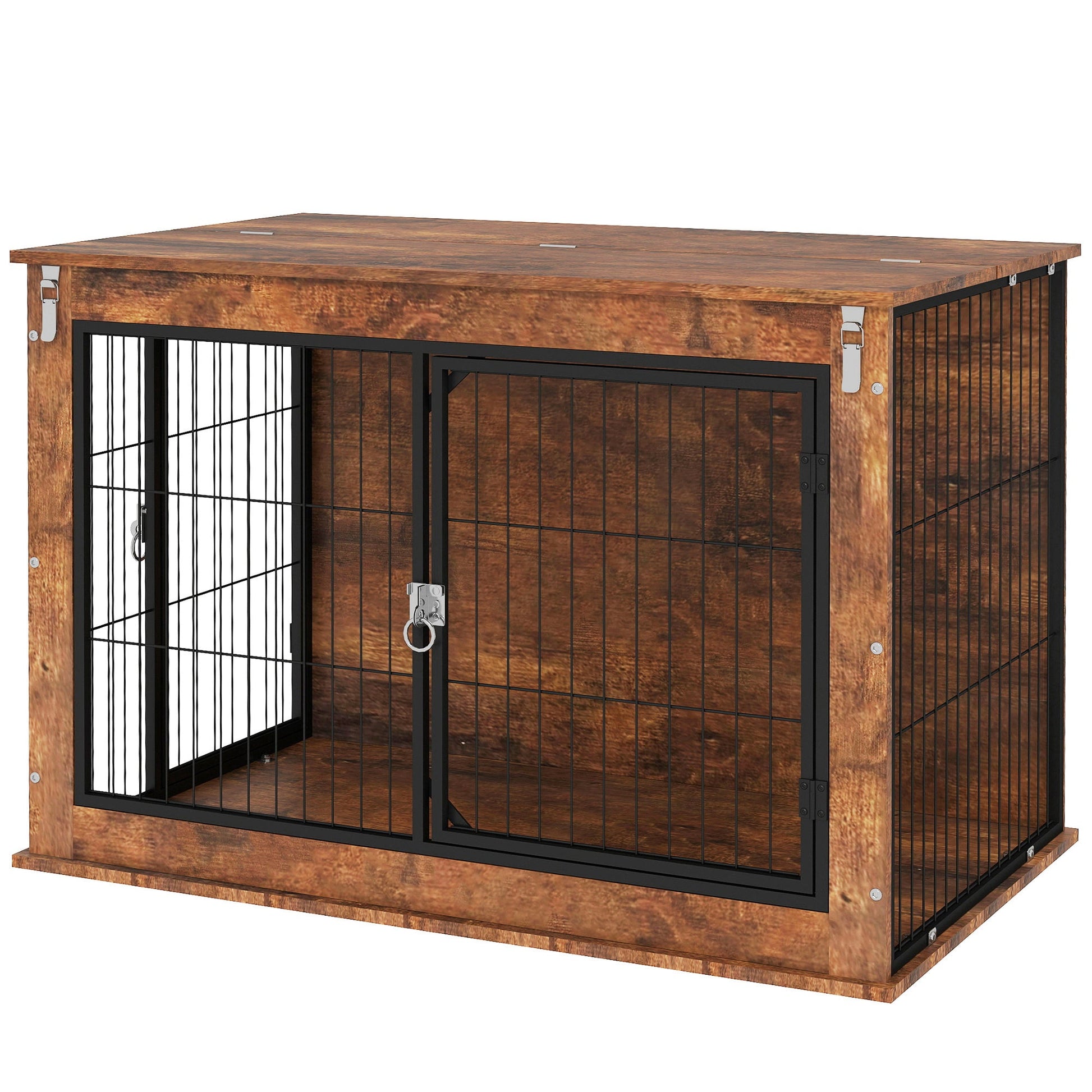 KFX-3963837 Rustic Brown 39" Dog Crate Furniture with Flip-top, Dual Doors, Ideal for Large Dogs