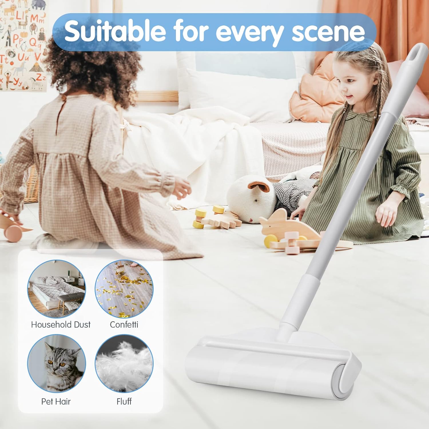 KFX-3967421 Super Wide Lint Roller with Retractable 4ft Handle for Efficient Pet Hair Removal