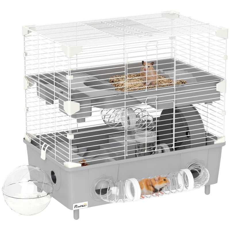 KFX-3969597 2-Tier Hamster Cage with Sand Bathroom, Running Wheel, Water Bottle, and Tubes - Gray