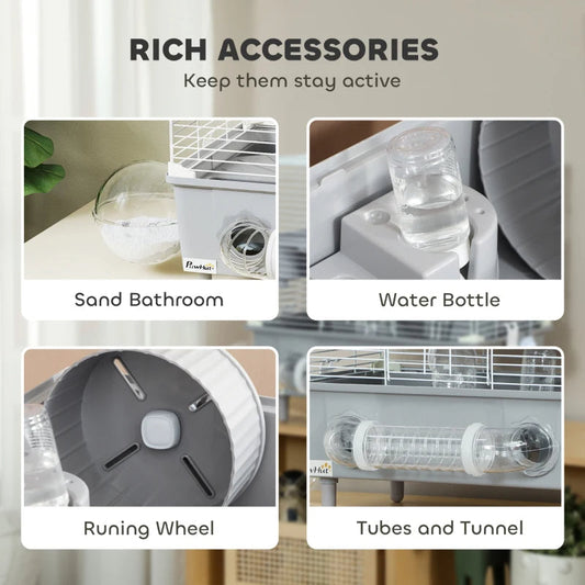KFX-3969597 2-Tier Hamster Cage with Sand Bathroom, Running Wheel, Water Bottle, and Tubes - Gray