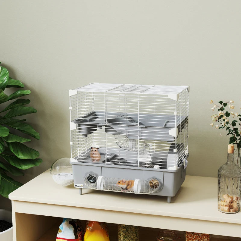 KFX-3969597 2-Tier Hamster Cage with Sand Bathroom, Running Wheel, Water Bottle, and Tubes - Gray