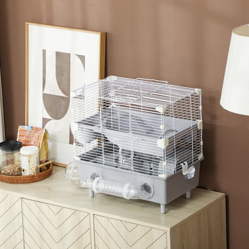 KFX-3969597 2-Tier Hamster Cage with Sand Bathroom, Running Wheel, Water Bottle, and Tubes - Gray