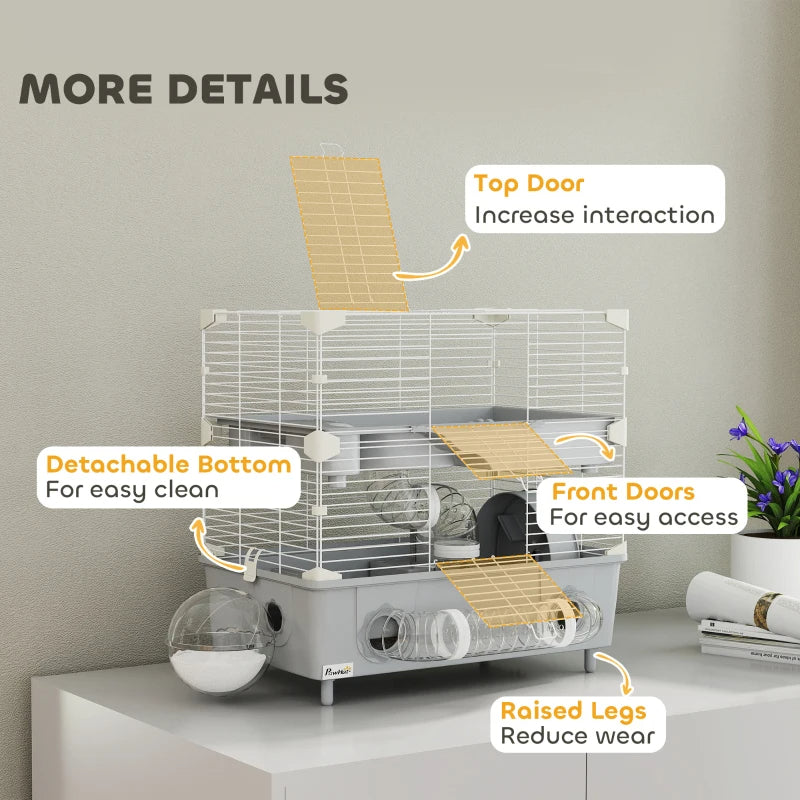 KFX-3969597 2-Tier Hamster Cage with Sand Bathroom, Running Wheel, Water Bottle, and Tubes - Gray