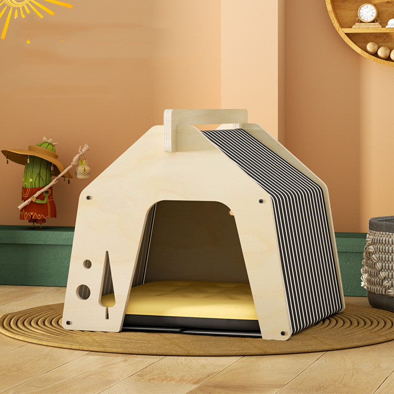 KFX-3969981 Wooden Multi-layer Cat Climbing Frame with Moisture-proof Tarpaulin - Log Color, Mint Green