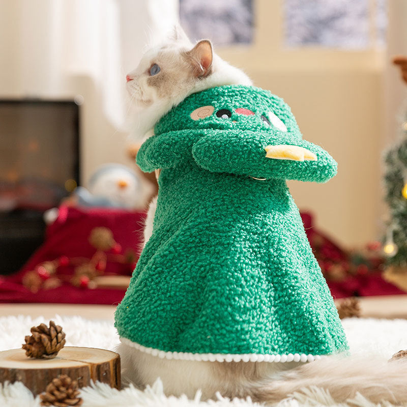 KFX-3970493 Warm Thickened Elk Cloak for Cats in Ti'an Green and Lomi Brown - Cozy Winter Apparel