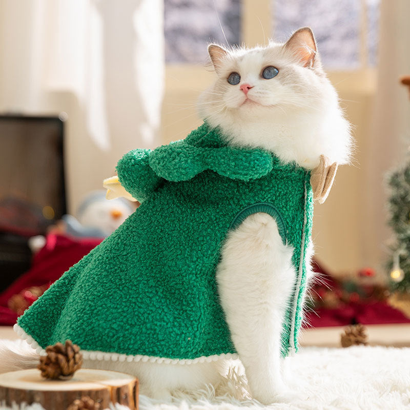 KFX-3970493 Warm Thickened Elk Cloak for Cats in Ti'an Green and Lomi Brown - Cozy Winter Apparel