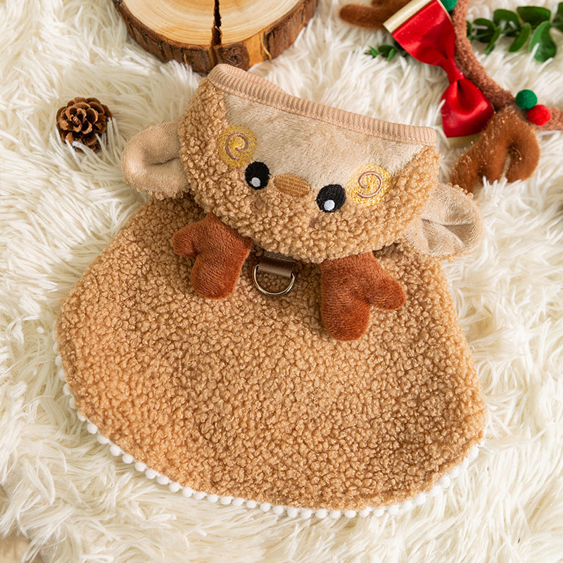 KFX-3970493 Warm Thickened Elk Cloak for Cats in Ti'an Green and Lomi Brown - Cozy Winter Apparel