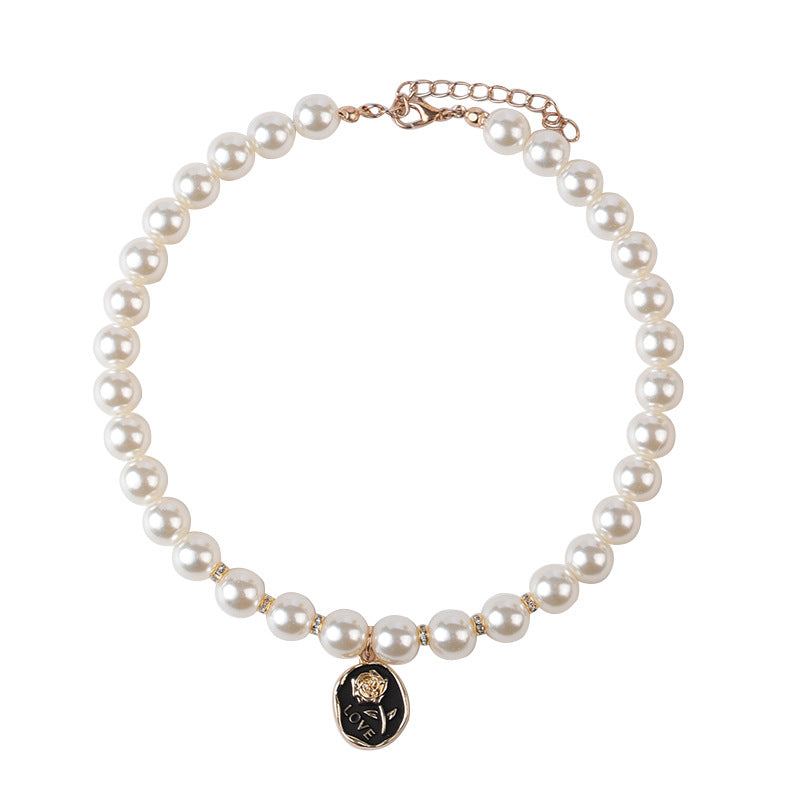 KFX-3973693 Pet Flower Pearl Necklace Collar - White Rose & Black Rose in Sizes S, M, L