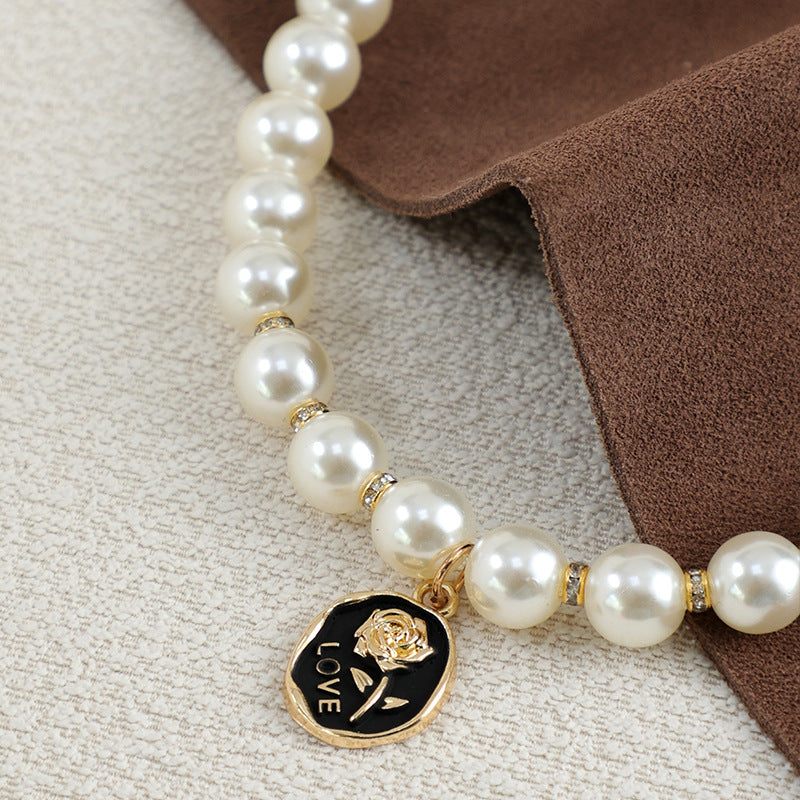 KFX-3973693 Pet Flower Pearl Necklace Collar - White Rose & Black Rose in Sizes S, M, L