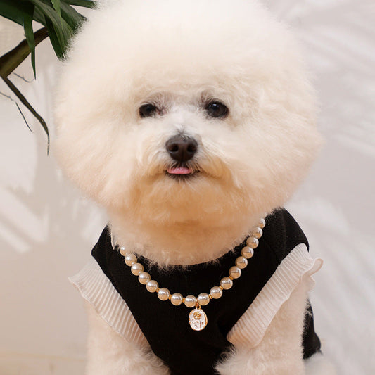 KFX-3973693 Pet Flower Pearl Necklace Collar - White Rose & Black Rose in Sizes S, M, L