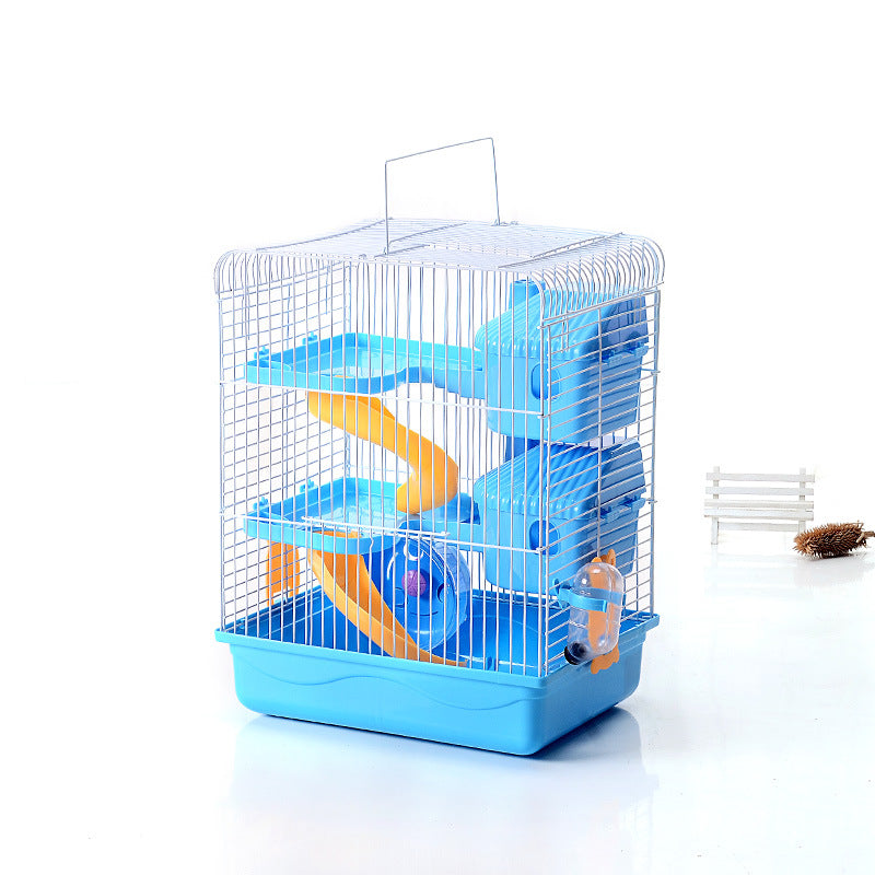 KFX-3985085 Three-Storey Hamster Cage with Accessories - Plastic and Iron Wire Construction, Spacious Design in Blue, Pink, Brown