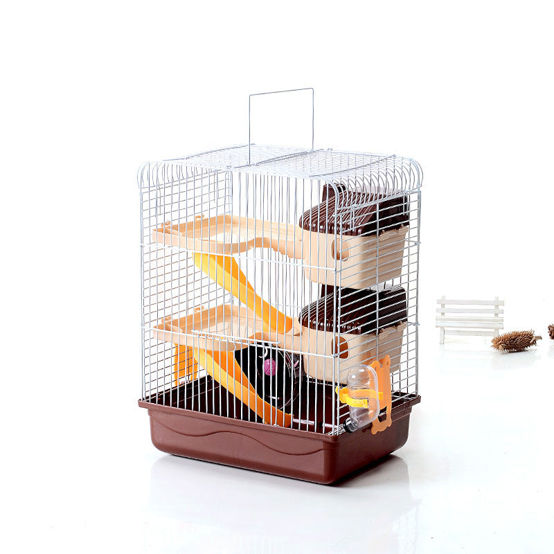 KFX-3985085 Three-Storey Hamster Cage with Accessories - Plastic and Iron Wire Construction, Spacious Design in Blue, Pink, Brown